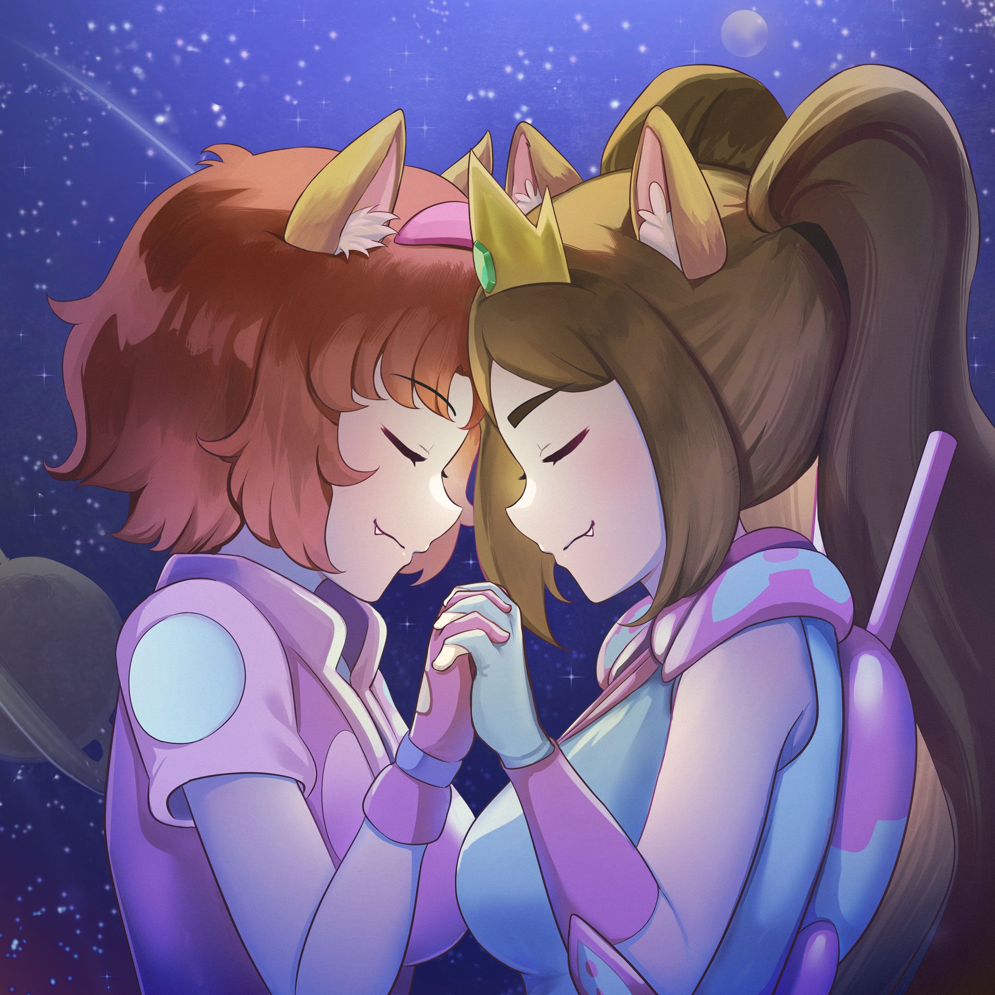 Act 1 album cover: two cat princesses, foreheads touching, holding hands among the stars