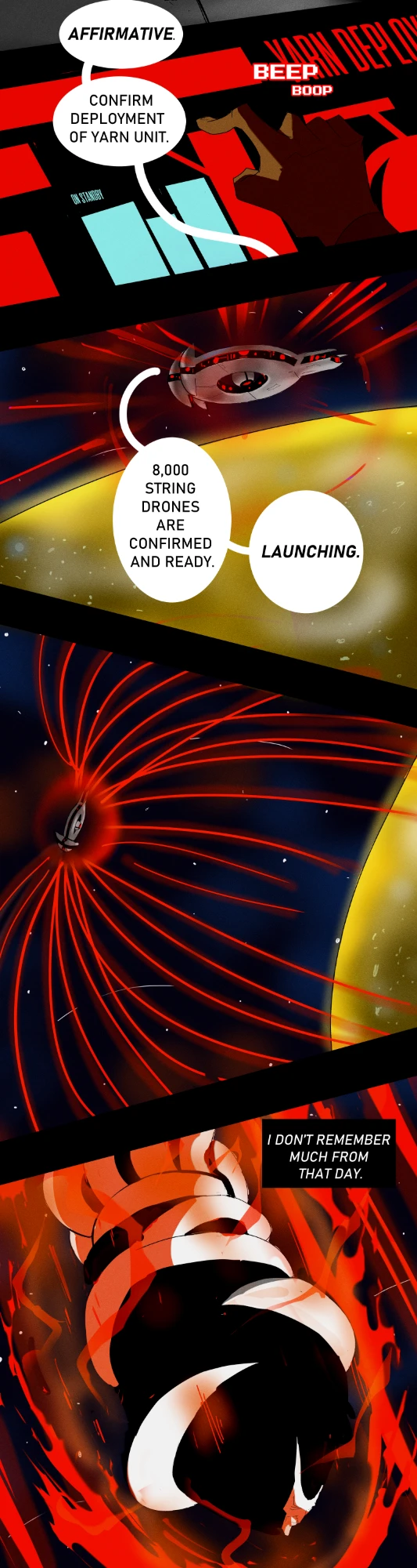 Webtoon panels: a control screen, and red threads streaking across space
