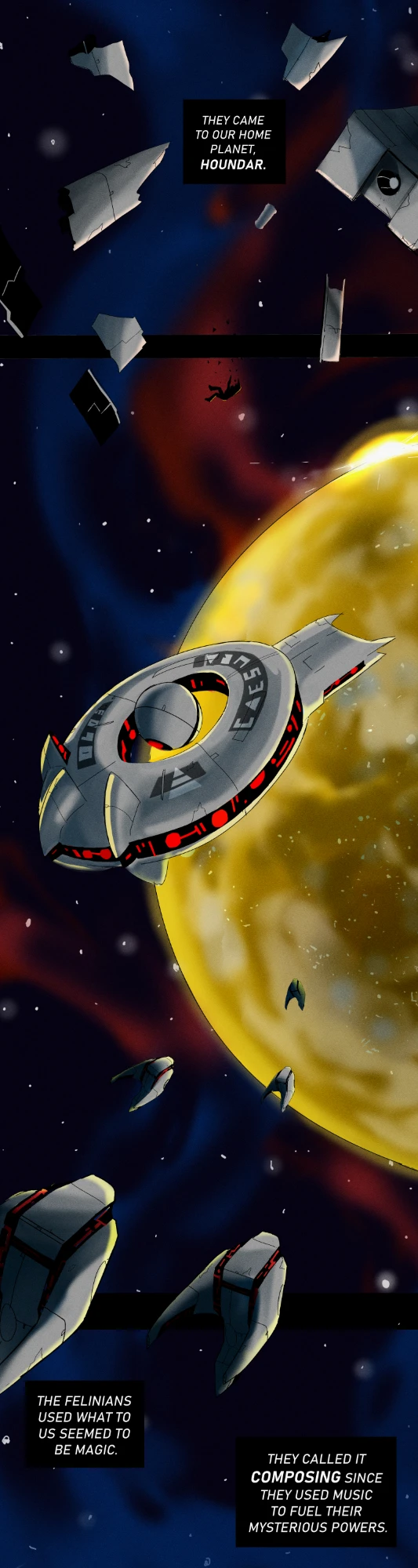 Webtoon panels: a ring-shaped starship over the golden planet Houndar